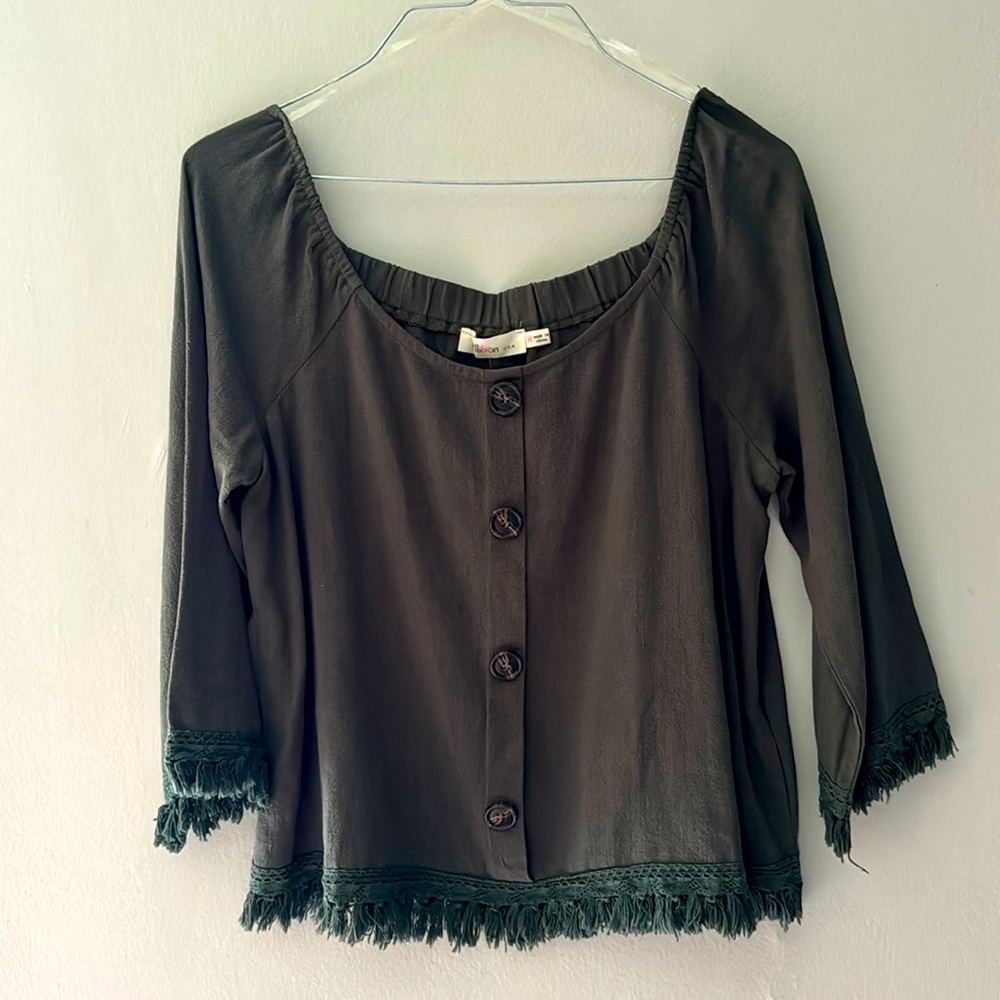 Army Green Millibon  Fringe Trim Top Size Medium